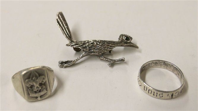 Sterling Silver Road Runner Brooch, Sterling Silver Boy Scout Ring, and Sterling Silver French You and No Other Engraved Band Ring - Size 9 - Bird Brooch Measures 2 Across
