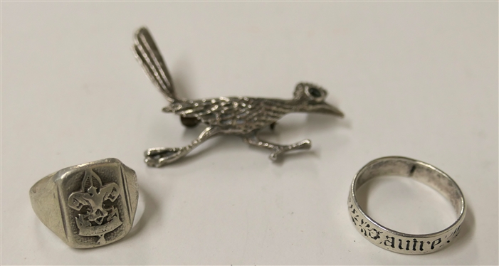Sterling Silver Road Runner Brooch, Sterling Silver Boy Scout Ring, and Sterling Silver French You and No Other Engraved Band Ring - Size 9 - Bird Brooch Measures 2 Across