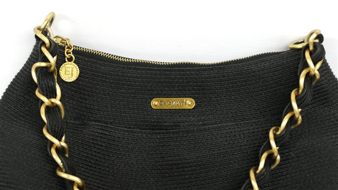 Very Nice Eric Javits Black Purse with Goldtone Chain Strap, Zipper, and Tag - Purse Measures 13 1/2 By 7 1/2 