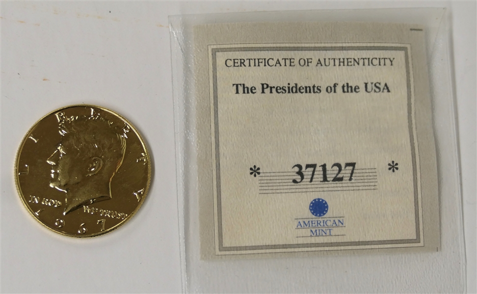 1967 Presidents of the USA Kennedy $1/2 Dollar -24k  Gold Layered Half Dollar with American Mint Certificate of Authenticity 