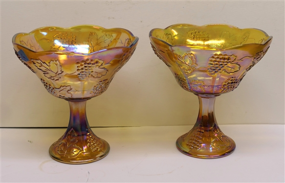 2 - Indiana Glass Amber Carnival Harvest Round Compotes - Measuring 8 1/2 Tall