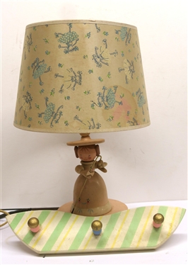 Vintage Wooden Dutch Made Wooden Girl Nursery / Bedroom Lamp - Little Girl Shepherd with Matching Shade and Holland Wooden Peg Board with Original Stenciled Label on Back - Lamp Needs Rewiring -...