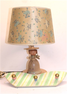 Vintage Wooden Dutch Made Wooden Girl Nursery / Bedroom Lamp - Little Girl Shepherd with Matching Shade and Holland Wooden Peg Board with Original Stenciled Label on Back - Lamp Needs Rewiring -...