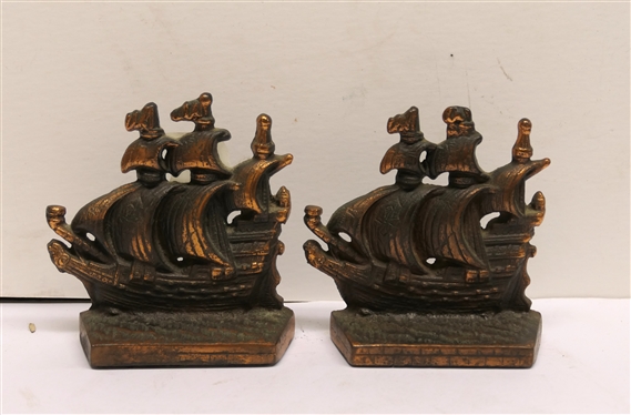 Pair of Copper Sailing Ship Bookends - Measuring 5 Tall 
