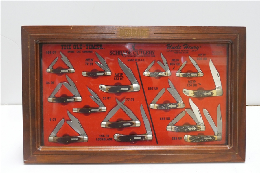 Collection of Schrade Cutlery - Made in USA - "The Old -Timer - Knives Like Grandads" "Uncle Henry - Guaranteed Against Loss For One Year" - 14 Folding Pocket Knives in Original Fitted Display...