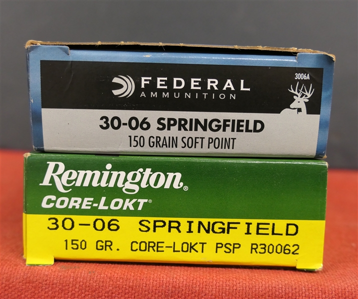 2 Boxes 30-06 Springfield - Federal Ammunition 30-06 Springfield 150 Grain Soft Point and Remington Core-Lokt 30-06 Springfield 150 Gr. - 40 Rounds Total 