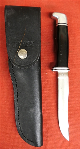 BUCK 105 Fixed Blade Sheath Knife with Buck Leather Sheath - Knife Measures 9" Long - Sheath is Torn at Back - See Photo