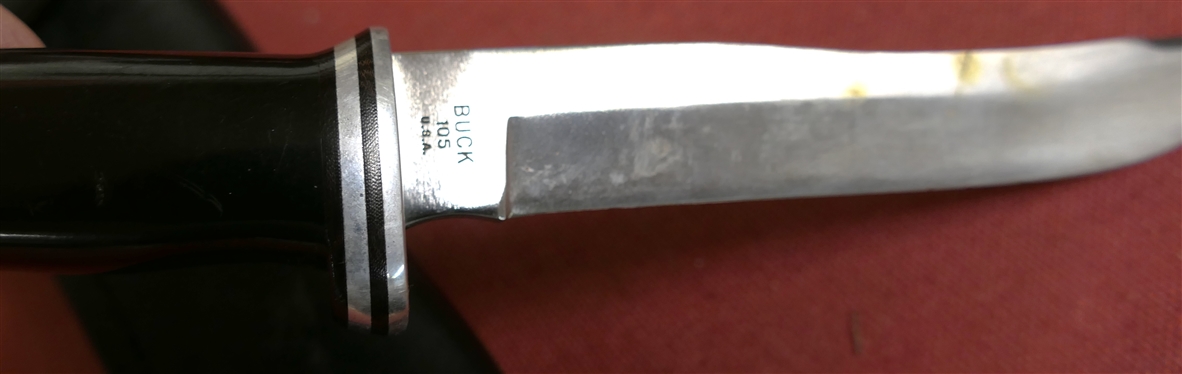 BUCK 105 Fixed Blade Sheath Knife with Buck Leather Sheath - Knife Measures 9 Long - Sheath is Torn at Back - See Photo