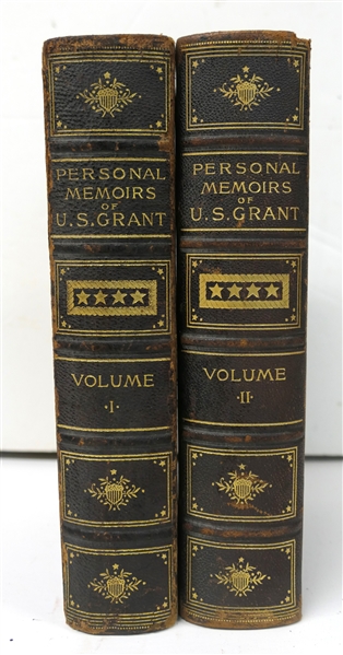 Signed by U.S. Grant and Dated 1885  "Personal Memoirs of U.S. Grant" Volumes I & II - 1885 Leather Bound Books with Marbleized End Pages - Volume I - - Both Volumes in Good Overall Condition -...