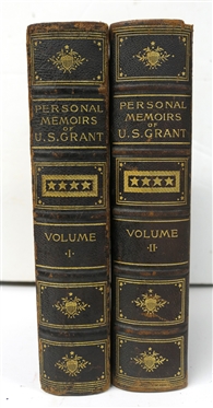 Signed by U.S. Grant and Dated 1885  "Personal Memoirs of U.S. Grant" Volumes I & II - 1885 Leather Bound Books with Marbleized End Pages - Volume I - - Both Volumes in Good Overall Condition -...