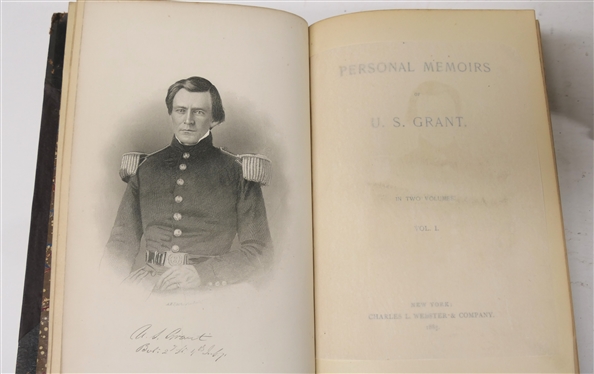 Signed by U.S. Grant and Dated 1885  Personal Memoirs of U.S. Grant Volumes I & II - 1885 Leather Bound Books with Marbleized End Pages - Volume I - - Both Volumes in Good Overall Condition -...