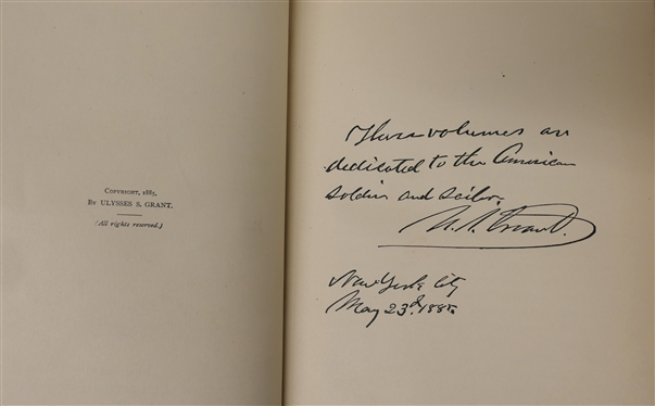 Signed by U.S. Grant and Dated 1885  Personal Memoirs of U.S. Grant Volumes I & II - 1885 Leather Bound Books with Marbleized End Pages - Volume I - - Both Volumes in Good Overall Condition -...
