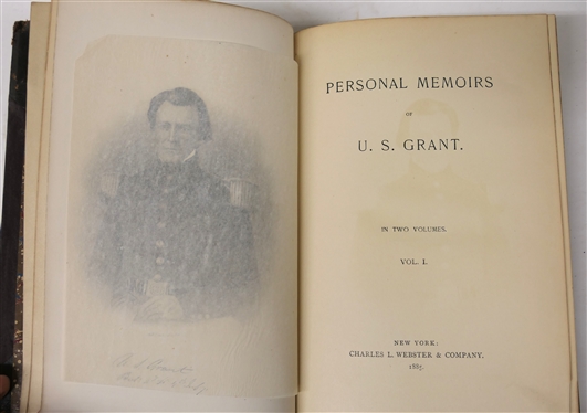 Signed by U.S. Grant and Dated 1885  Personal Memoirs of U.S. Grant Volumes I & II - 1885 Leather Bound Books with Marbleized End Pages - Volume I - - Both Volumes in Good Overall Condition -...