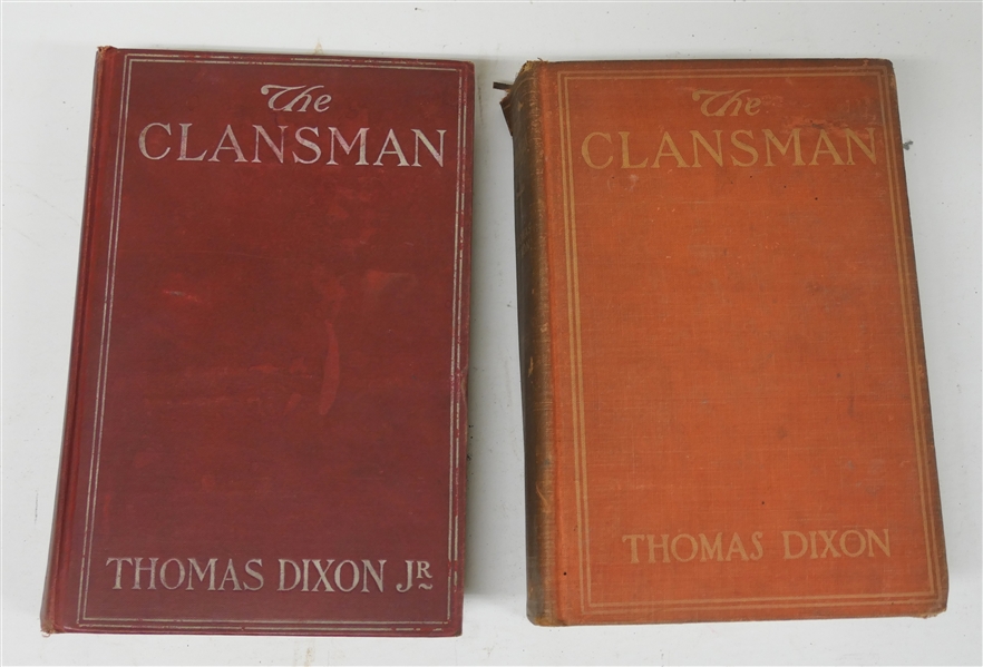 2 Copies of "The Clansman" by Thomas Dixon - Both 1905 Edition Hardcover Books - One Cover is Slightly Faded with Only Thomas Dixon other Darker Red with Thomas Dixon Jr. 