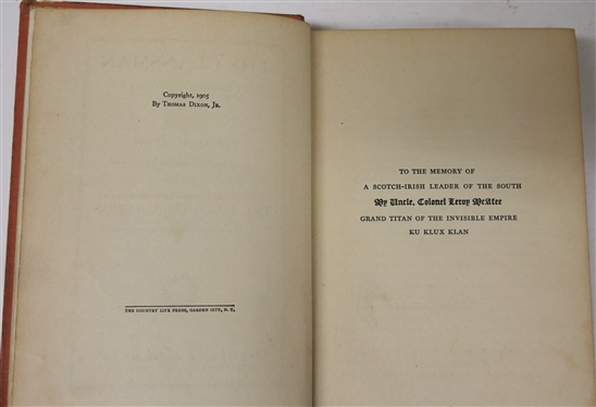 2 Copies of The Clansman by Thomas Dixon - Both 1905 Edition Hardcover Books - One Cover is Slightly Faded with Only Thomas Dixon other Darker Red with Thomas Dixon Jr. 