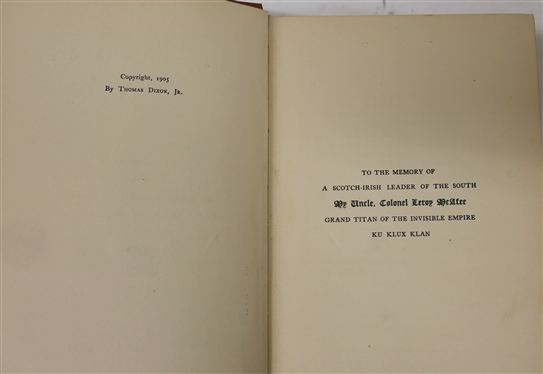 2 Copies of The Clansman by Thomas Dixon - Both 1905 Edition Hardcover Books - One Cover is Slightly Faded with Only Thomas Dixon other Darker Red with Thomas Dixon Jr. 