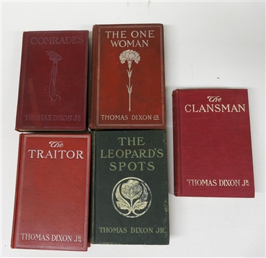5 Hardcover Books by Thomas Dixon Jr. - The Leopard''s Spots 1906, The Traitor 1907, The One Woman 1903, Comrades 1909, and The Clansman 1907 