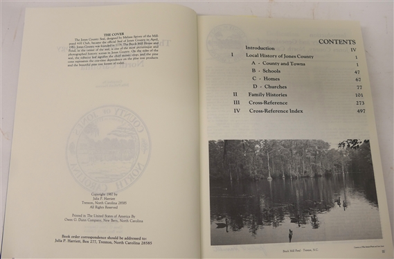 The History and Genealogy of Jones County, North Carolina Compiled by Julia Pollock Harriett - Copyright 1987 - Hardcover Book with Gold County Emblem Embossed on Front