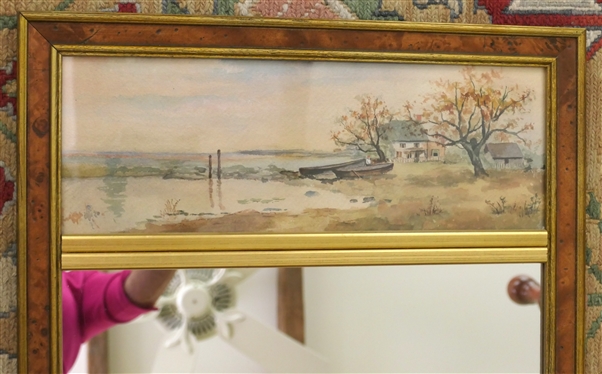 Trumeau Mirror with Sea Shore Watercolor Painting - Gold and Exotic Wood Frame - Frame Measures 30 1/2 By 17 