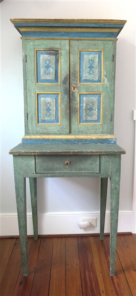 19th Century Folk Art Painted Pantry Desk? Cupboard? Cabinet on Stand - 2 Door Raised Panel Cupboard with Fixed Shelves Atop Tapered Leg Base with Dovetailed Drawer - Overall Measures 64" Tall 26...