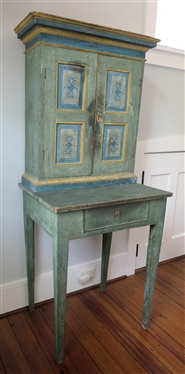 19th Century Folk Art Painted Pantry Desk? Cupboard? Cabinet on Stand - 2 Door Raised Panel Cupboard with Fixed Shelves Atop Tapered Leg Base with Dovetailed Drawer - Overall Measures 64 Tall 26...