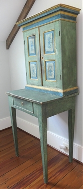 19th Century Folk Art Painted Pantry Desk? Cupboard? Cabinet on Stand - 2 Door Raised Panel Cupboard with Fixed Shelves Atop Tapered Leg Base with Dovetailed Drawer - Overall Measures 64 Tall 26...