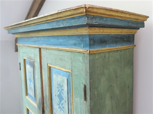 19th Century Folk Art Painted Pantry Desk? Cupboard? Cabinet on Stand - 2 Door Raised Panel Cupboard with Fixed Shelves Atop Tapered Leg Base with Dovetailed Drawer - Overall Measures 64 Tall 26...