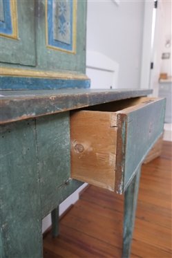 19th Century Folk Art Painted Pantry Desk? Cupboard? Cabinet on Stand - 2 Door Raised Panel Cupboard with Fixed Shelves Atop Tapered Leg Base with Dovetailed Drawer - Overall Measures 64 Tall 26...