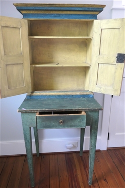19th Century Folk Art Painted Pantry Desk? Cupboard? Cabinet on Stand - 2 Door Raised Panel Cupboard with Fixed Shelves Atop Tapered Leg Base with Dovetailed Drawer - Overall Measures 64 Tall 26...