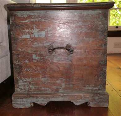 19th Century Primitive Blue Painted Box / Chest - Dovetailed Case - Divider Inside with Hidden Compartment -Blacksmith Shop Made Rattail Hinges - Box Measures 19 Tall 27 By 18 1/2 