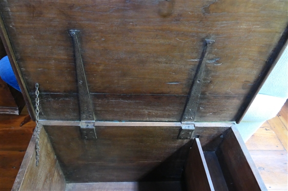 19th Century Primitive Blue Painted Box / Chest - Dovetailed Case - Divider Inside with Hidden Compartment -Blacksmith Shop Made Rattail Hinges - Box Measures 19 Tall 27 By 18 1/2 