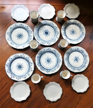 6 - 3 Piece Place Settings of Arte Italica Blue and White Dinnerware - Burano Dinner Plate, Burano Mug, and Merletto Salad Plate - 18 Pieces Total 