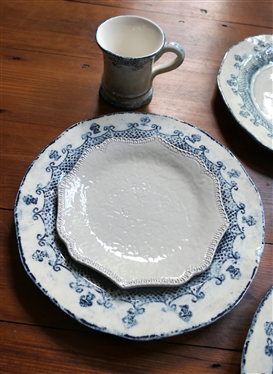 6 - 3 Piece Place Settings of Arte Italica Blue and White Dinnerware - Burano Dinner Plate, Burano Mug, and Merletto Salad Plate - 18 Pieces Total 