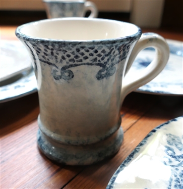 6 - 3 Piece Place Settings of Arte Italica Blue and White Dinnerware - Burano Dinner Plate, Burano Mug, and Merletto Salad Plate - 18 Pieces Total 