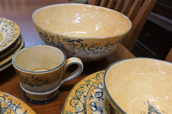 50 Pieces of   Vietri  Dinnerware - Made in Italy - Yellow Background with Blue Decoration Soup / Pasta Bowls  - Soup Bowls Each Measures 10 1/2 Across - 2 Have Chips, Some Pieces Have Minor Paint...