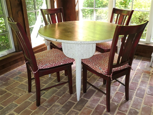 Nice Round Wicker Table with Oak Top and 4 Matching Red Painted Chairs - Table is 30 Tall 44 1/2 Across - Chairs are Red Painted with Red Ikat  Cushions 