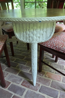Nice Round Wicker Table with Oak Top and 4 Matching Red Painted Chairs - Table is 30 Tall 44 1/2 Across - Chairs are Red Painted with Red Ikat  Cushions 
