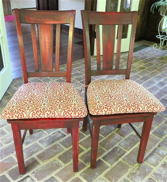 Nice Round Wicker Table with Oak Top and 4 Matching Red Painted Chairs - Table is 30 Tall 44 1/2 Across - Chairs are Red Painted with Red Ikat  Cushions 