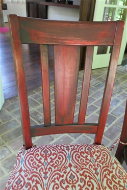 Nice Round Wicker Table with Oak Top and 4 Matching Red Painted Chairs - Table is 30 Tall 44 1/2 Across - Chairs are Red Painted with Red Ikat  Cushions 