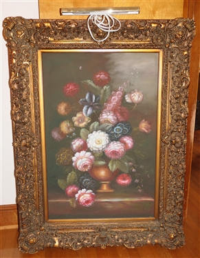 Large Urn of Flowers Print on Board in Elaborate Ornate Gold Frame with Attached Art Light - Frame Measures 49 By 37 