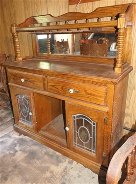 Oak Sideboard / Server with Leaded Glass Doors