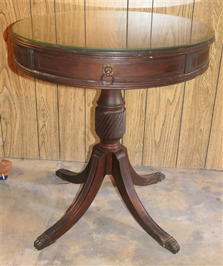 Mahogany Drum Table with Glass Top and Drawer