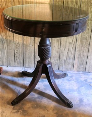 Mahogany Drum Table with Glass Top and Drawer