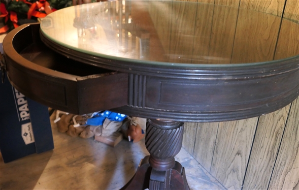 Mahogany Drum Table with Glass Top and Drawer