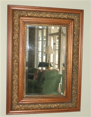 Beautiful Oak and Gold Gilt Framed Beveled Mirror - Frame Measures 36" by 26"