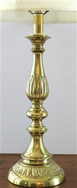 Nice Polished Brass Table Lamp -Leaf / Petal Details on Center and Base - Lamp Measures 17 To Bulb - 27 To Shade