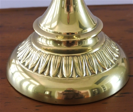 Nice Polished Brass Table Lamp -Leaf / Petal Details on Center and Base - Lamp Measures 17 To Bulb - 27 To Shade