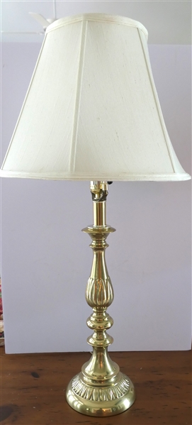 Nice Polished Brass Table Lamp -Leaf / Petal Details on Center and Base - Lamp Measures 17" To Bulb - 29" To Shade