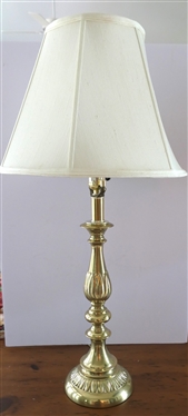 Nice Polished Brass Table Lamp -Leaf / Petal Details on Center and Base - Lamp Measures 17" To Bulb - 29" To Shade