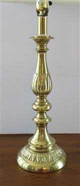 Nice Polished Brass Table Lamp -Leaf / Petal Details on Center and Base - Lamp Measures 17 To Bulb - 29 To Shade